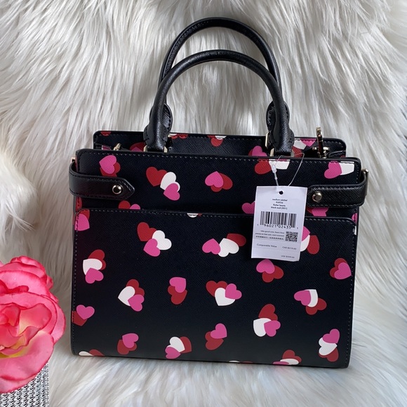 Kate Spade  Staci Flutter Hearts Heart Printed Medium Satchel Black crossbody - Picture 8 of 10